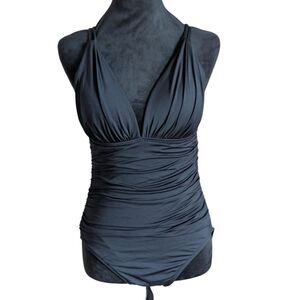 La Blanca Black One Piece Swimsuit Size 8 Ruched Tummy Control V-Neck Cross Back